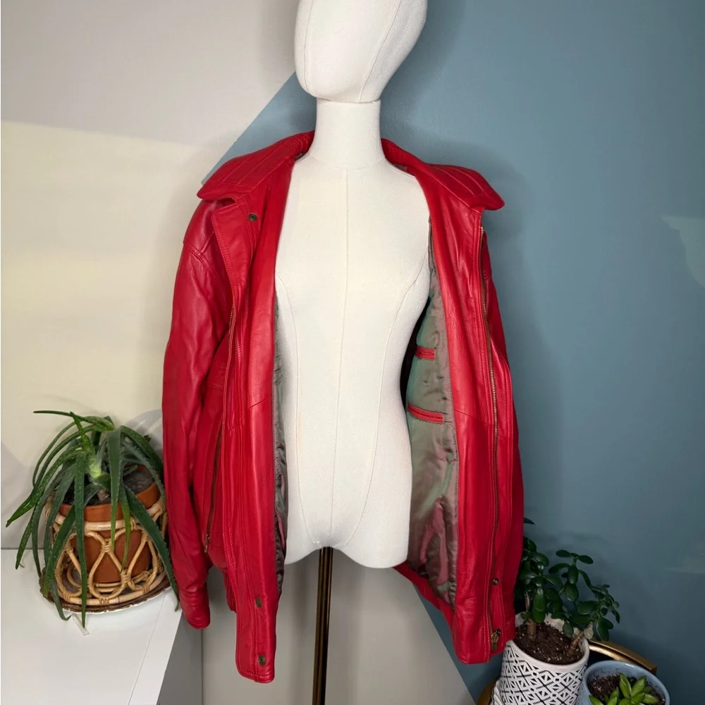 Vintage 90s Red Leather Bomber Jacket STRIWA Croatia SALMI Zip Oversized 40 - Picture 4 of 13